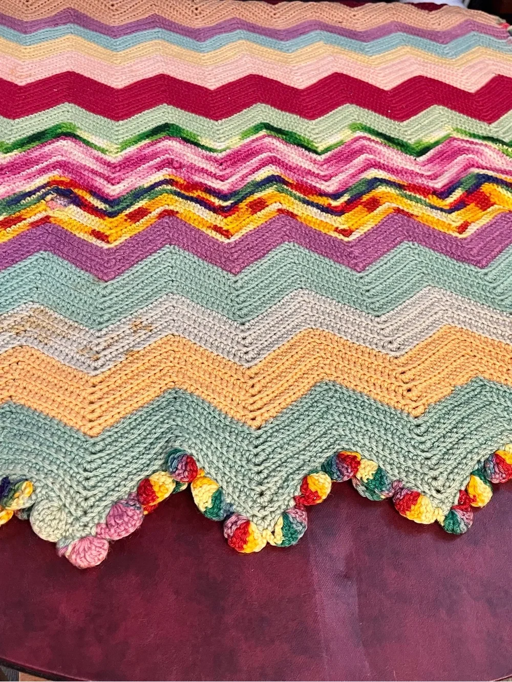 Vintage Crochet Chevron Afghan Throw Blanket Pastel Ripple 76”x38”